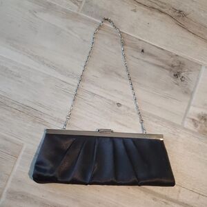 Vintage Black Pleated Satin Clutch Jessica McClintock Chain Strap Formal Purse